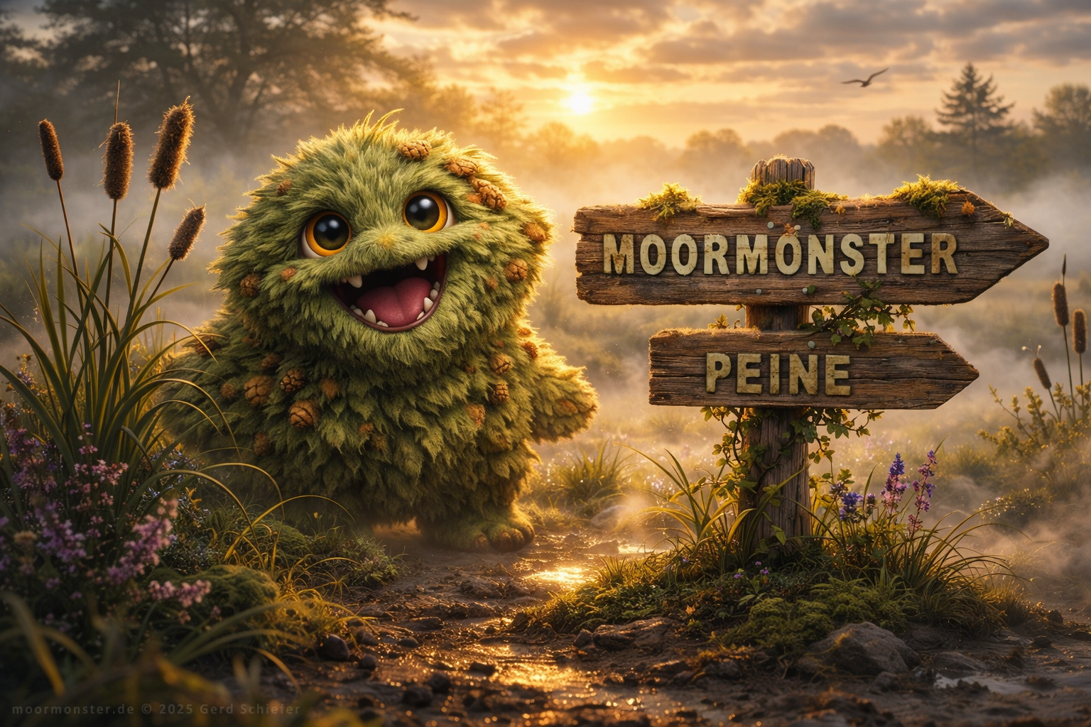 Das Peiner Moormonster schaut freundlich aus dem Nebel hervor. Daneben steht ein Wegweiser.
